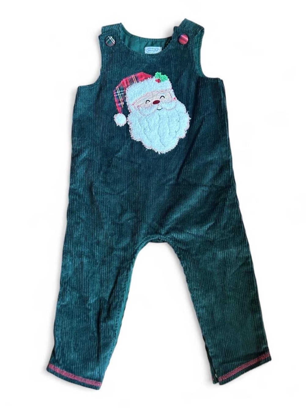 Mud Pie Dark Green Corduroy Santa Appliqué Overalls